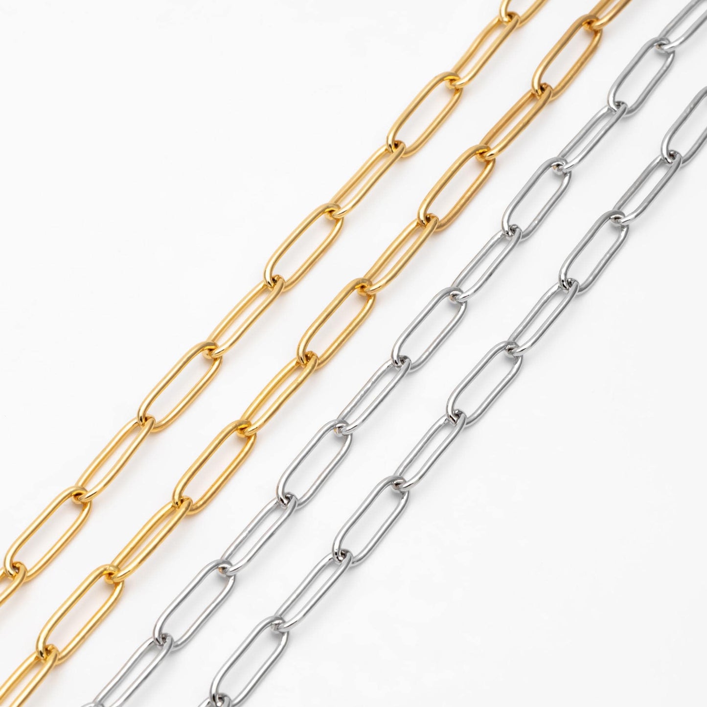 Gold/ Silver tone Cable Chains, Long Oval Link 5x14mm, Gold/ Rhodium plated Brass, Color Not Easily Tarnish (#LK-279)/ 1 Meter=3.3 ft