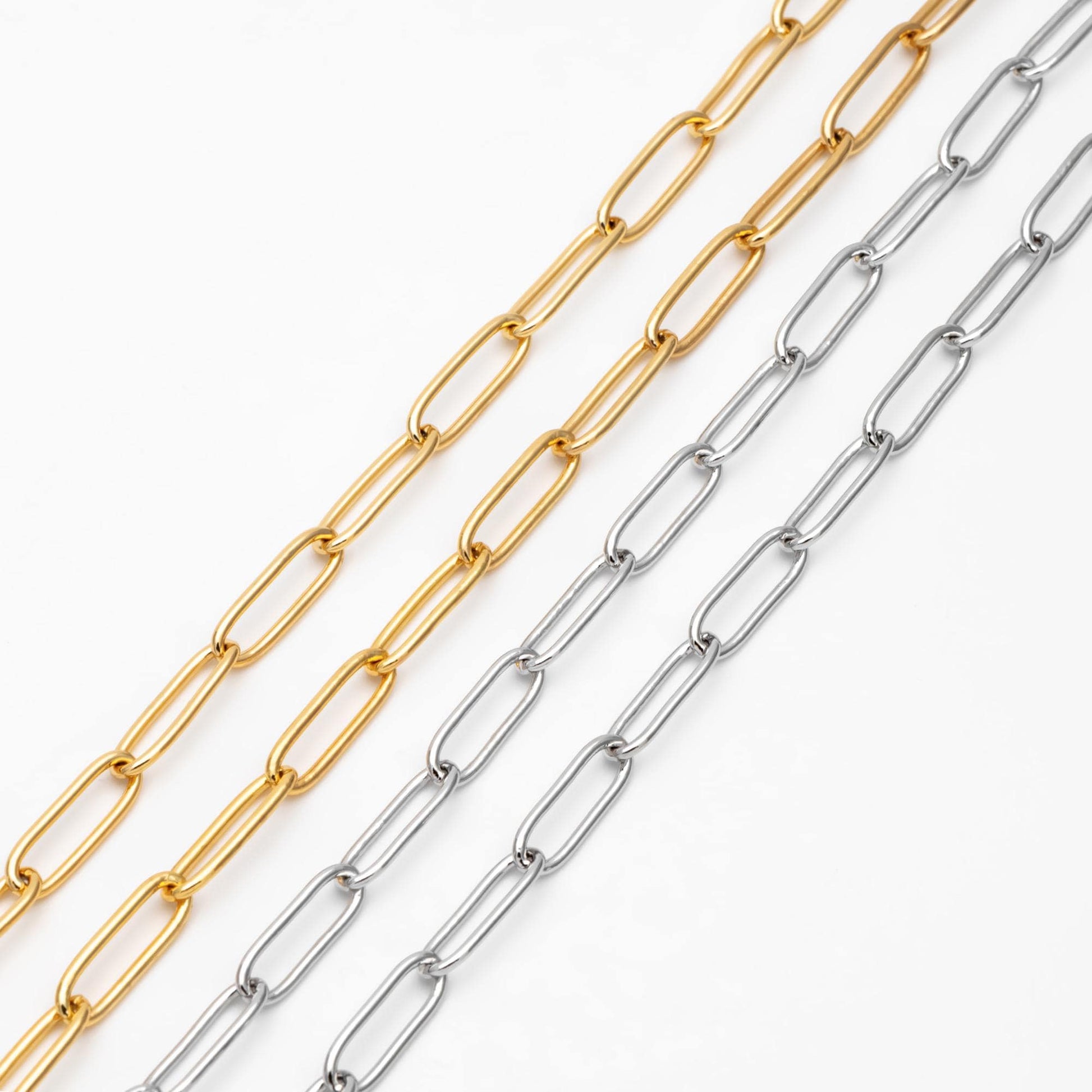 Gold/ Silver tone Cable Chains, Long Oval Link 5x14mm, Gold/ Rhodium plated Brass, Color Not Easily Tarnish (#LK-279)/ 1 Meter=3.3 ft