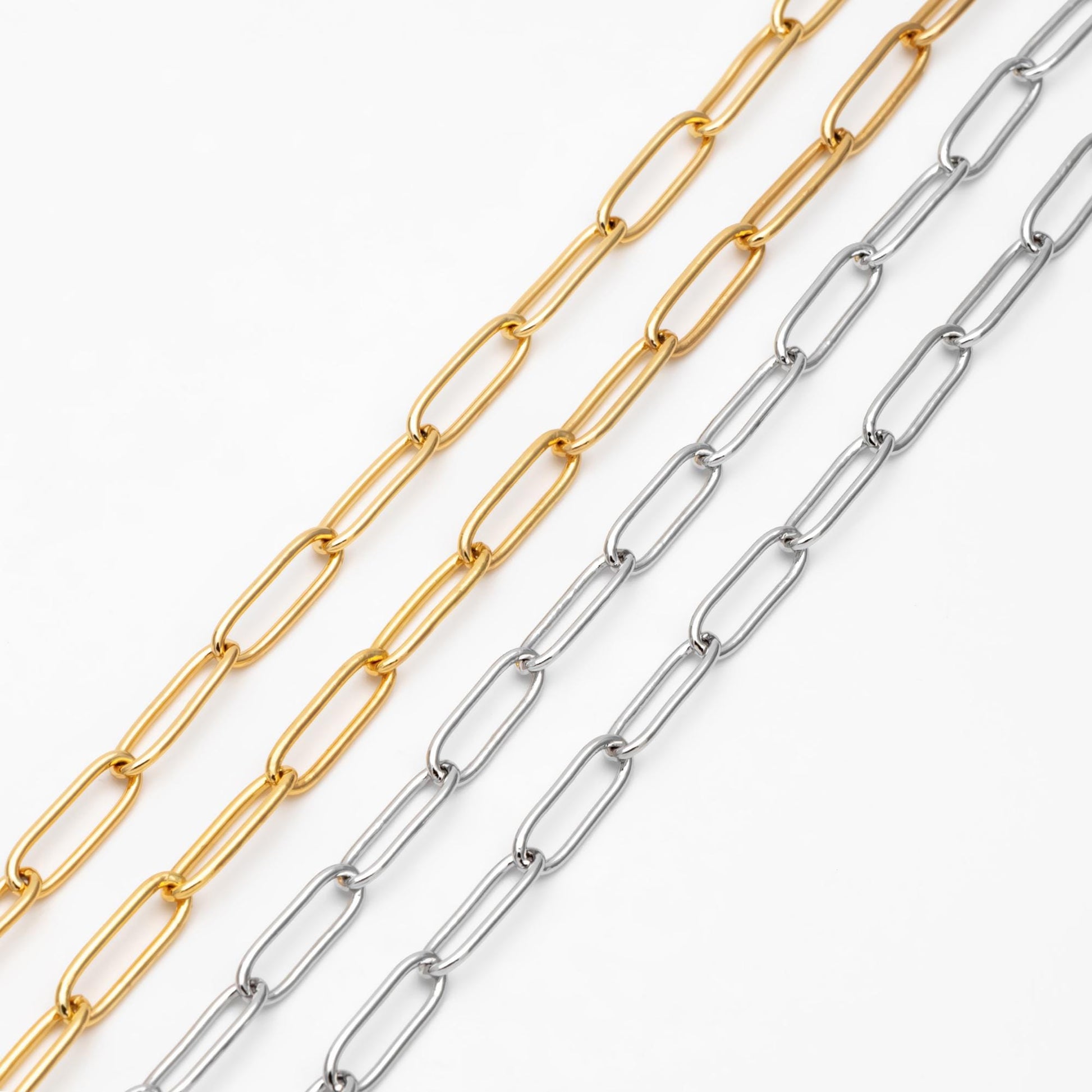Gold/ Silver tone Cable Chains, Long Oval Link 5x14mm, Gold/ Rhodium plated Brass, Color Not Easily Tarnish (#LK-279)/ 1 Meter=3.3 ft