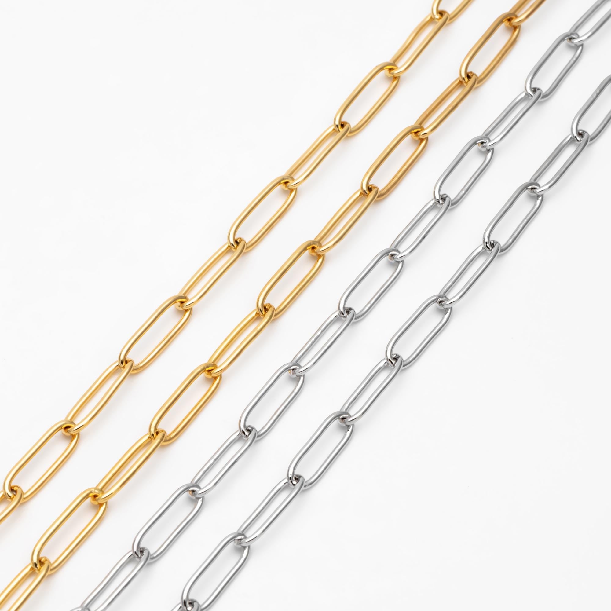 Gold/ Silver tone Cable Chains, Long Oval Link 5x14mm, Gold/ Rhodium plated Brass, Color Not Easily Tarnish (#LK-279)/ 1 Meter=3.3 ft