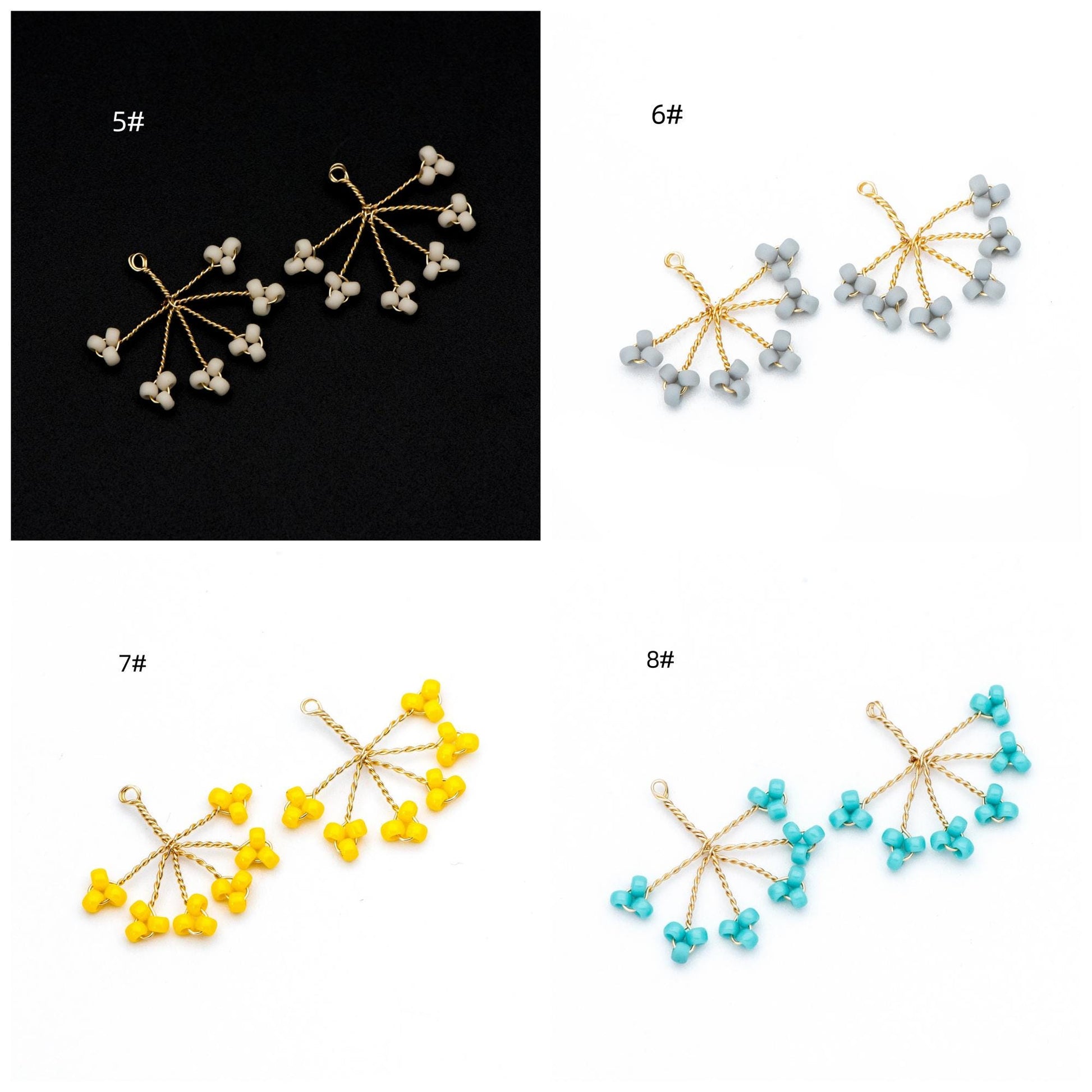 10pcs Handmade Beaded Flower Charms, Wired Branch Tassel Pendants 17x19mm, Glass Seed Beads (FB-055)