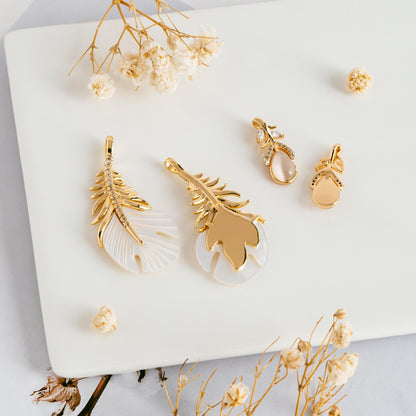 4pcs Dainty Feather Charms , 18K Gold plated Brass, CZ Gold Feather Pendants (GB-3343)