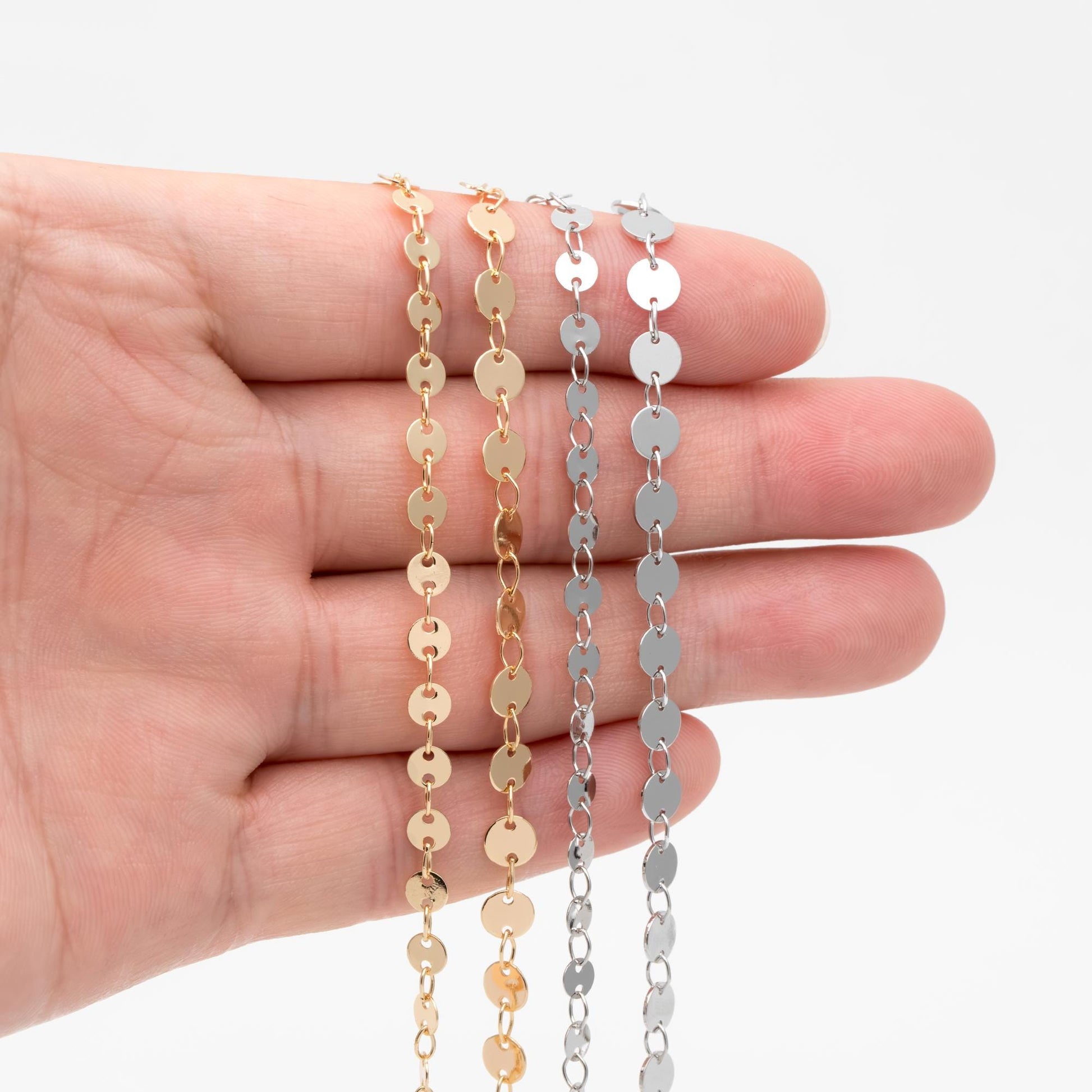 Gold/ Silver tone Round Disc Chains 4mm/ 5mm, Handmade Disk Geometric Chain (#LK-154)/ 1 Meter=3.3 feet