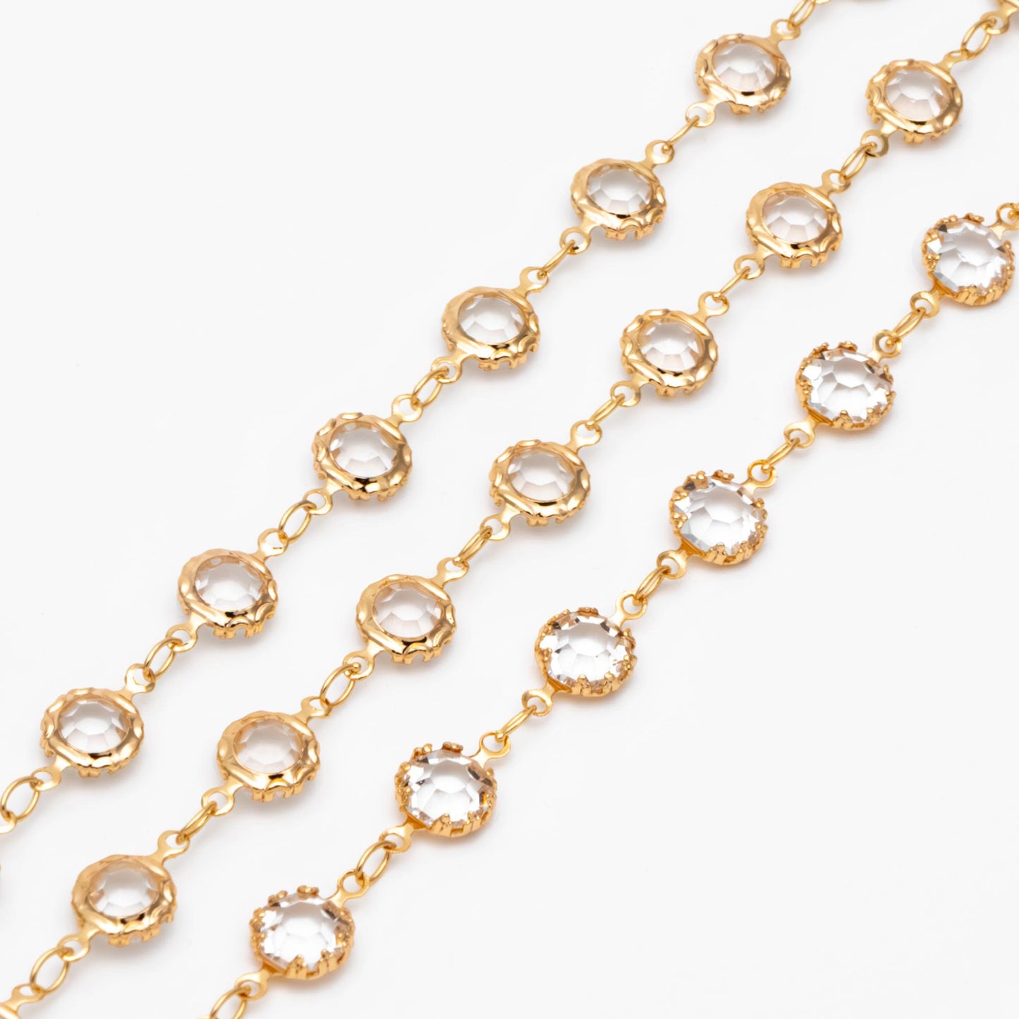 Gold plated Brass Crystal Beaded Chains, Link Chains with 7mm Flat Coin Beads, Color Not Easily Tarnish (#LK-183)/ 1 Meter=3.3 ft