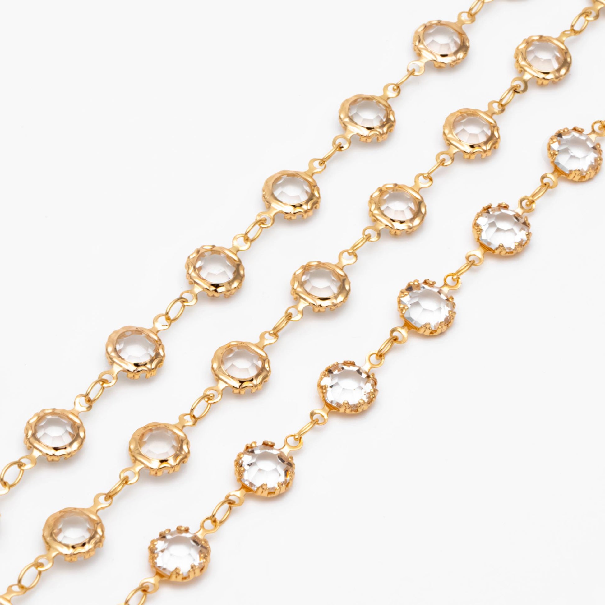 Gold plated Brass Crystal Beaded Chains, Link Chains with 7mm Flat Coin Beads, Color Not Easily Tarnish (#LK-183)/ 1 Meter=3.3 ft