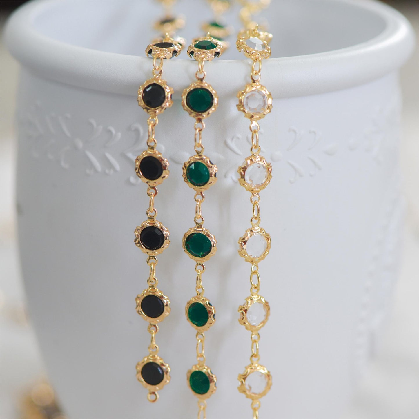 Gold plated Brass Crystal Beaded Chains, Link Chains with 7mm Flat Coin Beads, Color Not Easily Tarnish (#LK-183)/ 1 Meter=3.3 ft