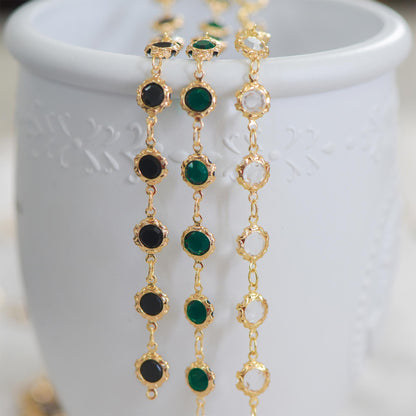 Gold plated Brass Crystal Beaded Chains, Link Chains with 7mm Flat Coin Beads, Color Not Easily Tarnish (#LK-183)/ 1 Meter=3.3 ft