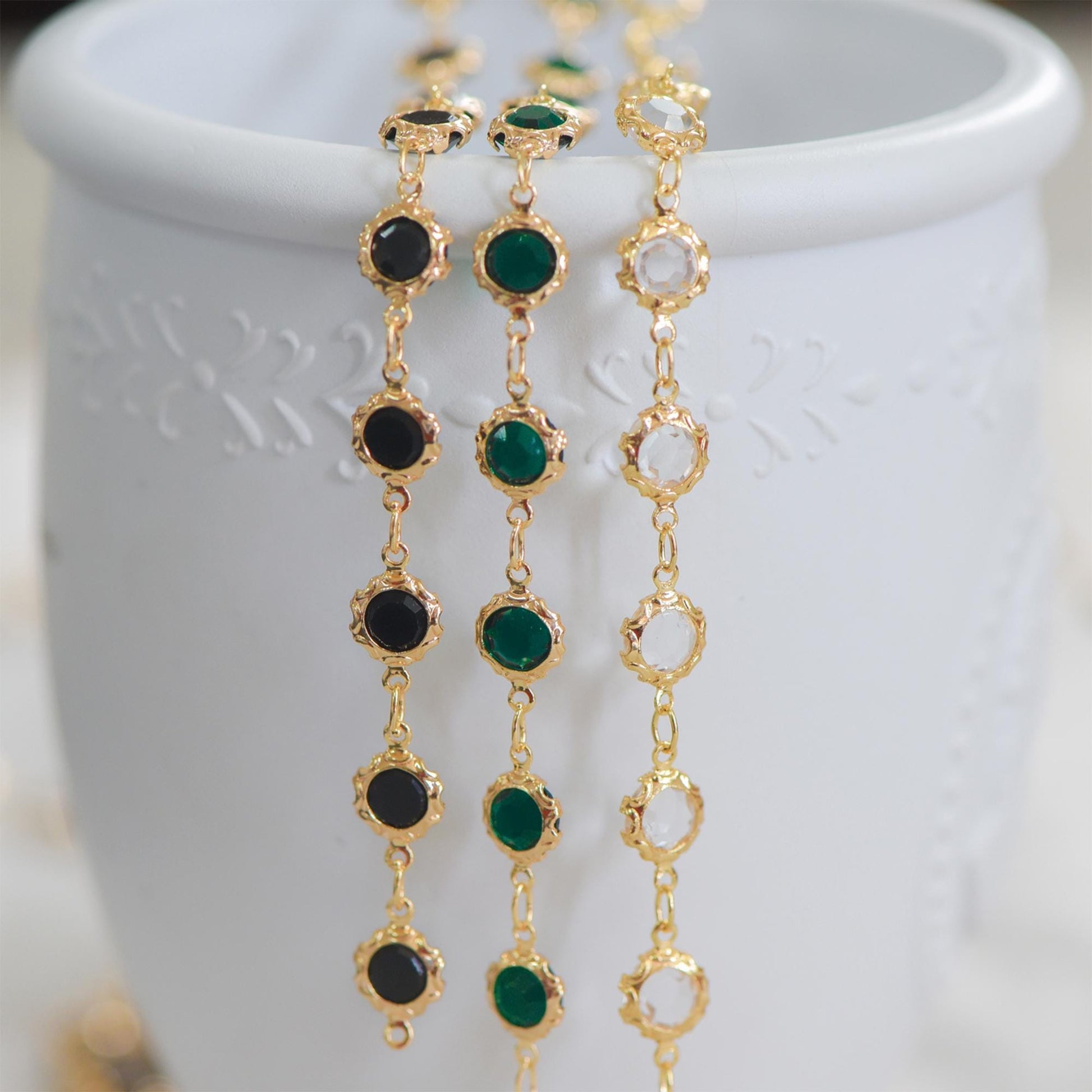 Gold plated Brass Crystal Beaded Chains, Link Chains with 7mm Flat Coin Beads, Color Not Easily Tarnish (#LK-183)/ 1 Meter=3.3 ft