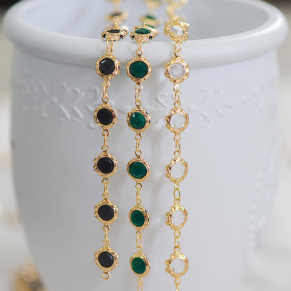 Gold plated Brass Crystal Beaded Chains, Link Chains with 7mm Flat Coin Beads, Color Not Easily Tarnish (#LK-183)/ 1 Meter=3.3 ft