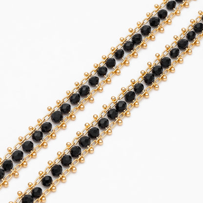 Gold plated Brass Beaded Chain 7mm, Designer Chain with Crystal Glass Rondelle Beads (#LK-171)/ 1 Meter=3.3ft