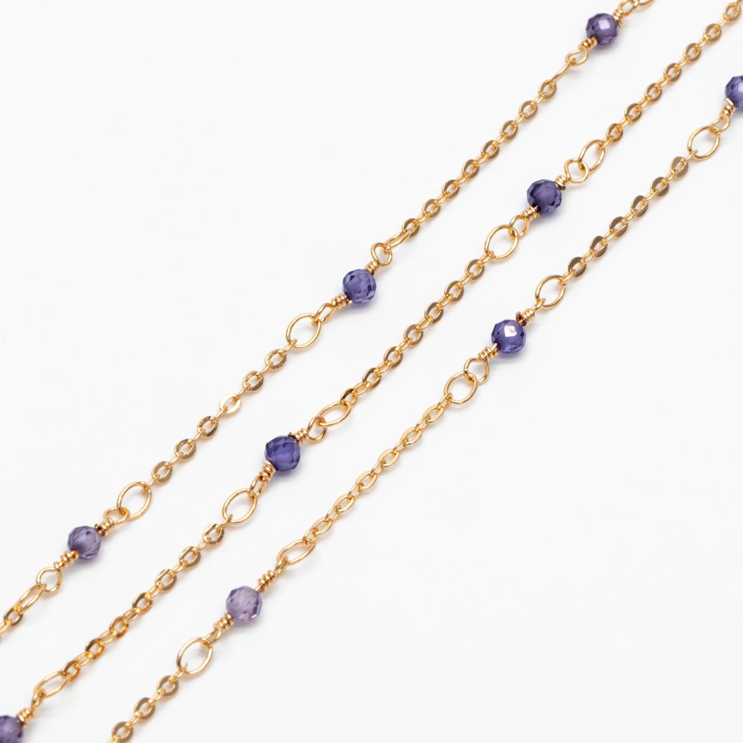 Gemstone Beaded Chain, 18K Gold plated Brass, 1.7mm Cable Chain with 3mm Quartz Beads (#LK-379)/ 1 Meter=3.3ft