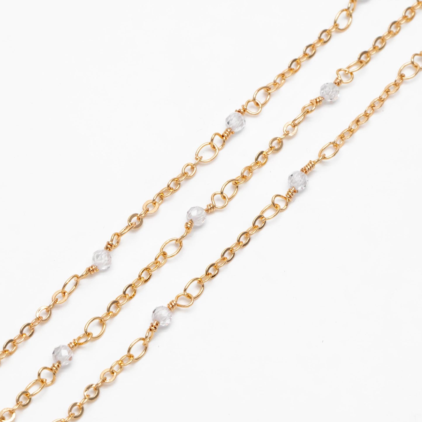 Gemstone Beaded Chain, 18K Gold plated Brass, 1.7mm Cable Chain with 3mm Quartz Beads (#LK-379)/ 1 Meter=3.3ft