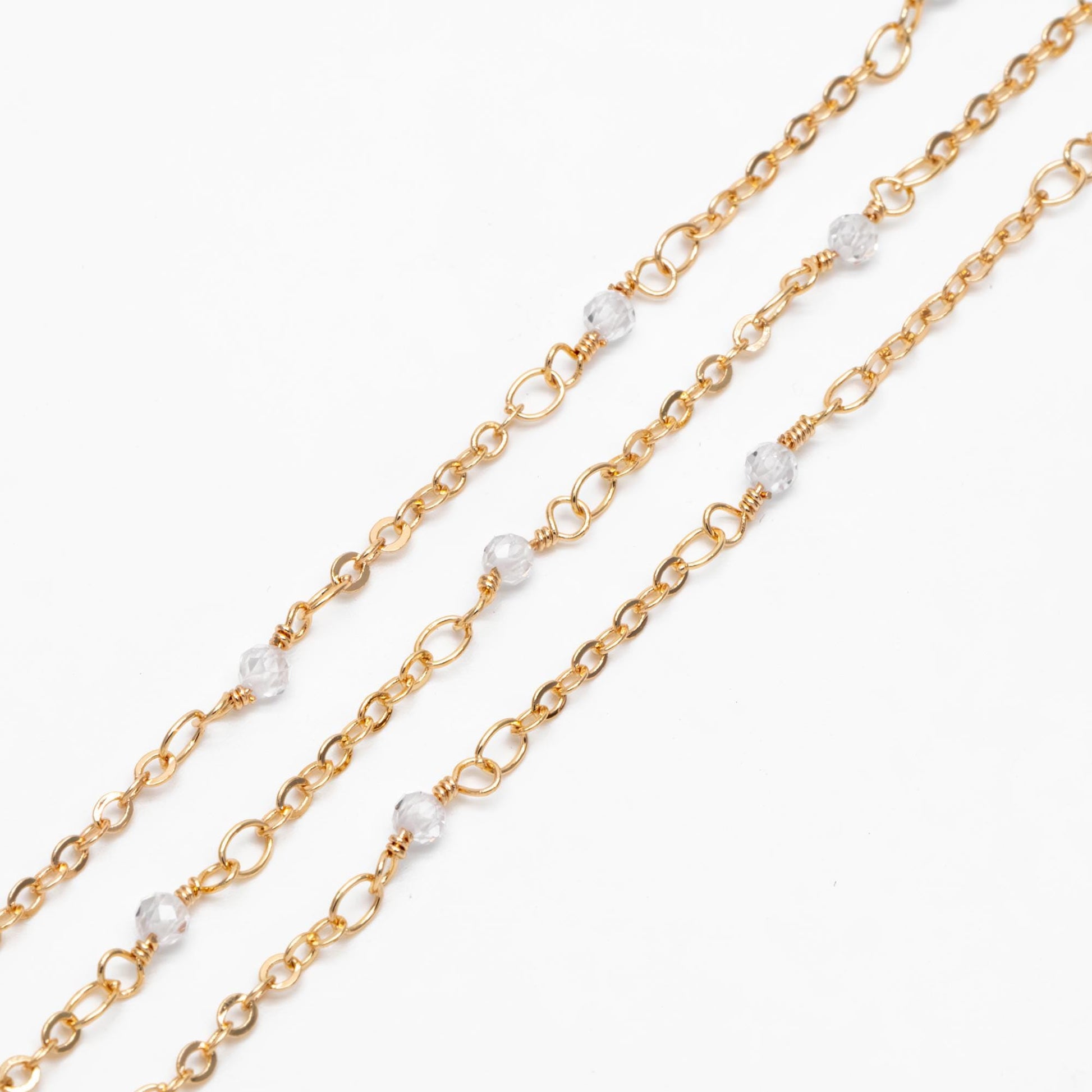 Gemstone Beaded Chain, 18K Gold plated Brass, 1.7mm Cable Chain with 3mm Quartz Beads (#LK-379)/ 1 Meter=3.3ft