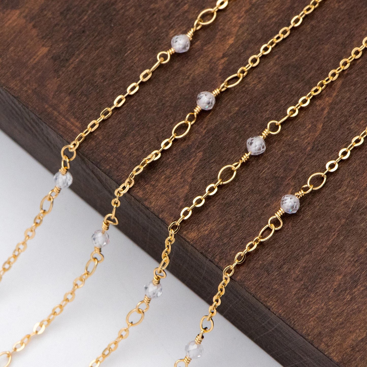 Gemstone Beaded Chain, 18K Gold plated Brass, 1.7mm Cable Chain with 3mm Quartz Beads (#LK-379)/ 1 Meter=3.3ft