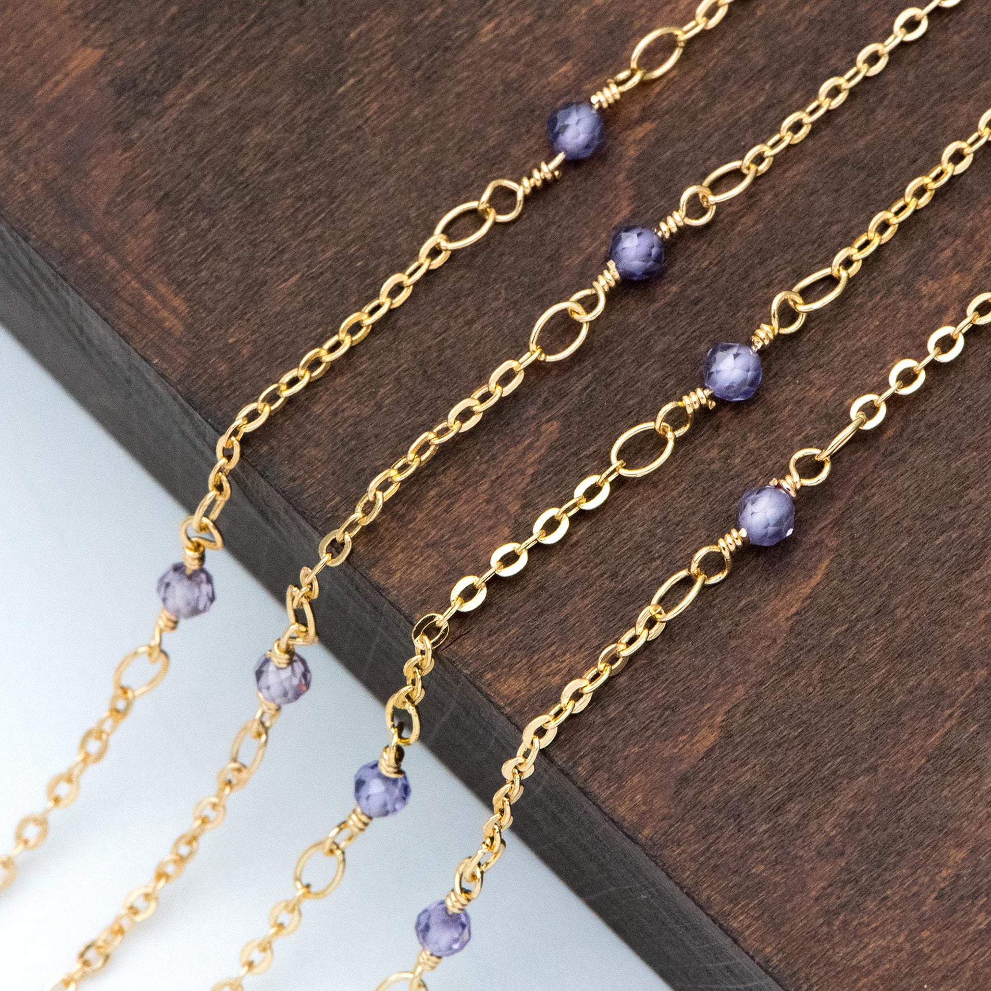 Gemstone Beaded Chain, 18K Gold plated Brass, 1.7mm Cable Chain with 3mm Quartz Beads (#LK-379)/ 1 Meter=3.3ft