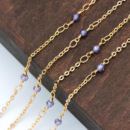 Gemstone Beaded Chain, 18K Gold plated Brass, 1.7mm Cable Chain with 3mm Quartz Beads (#LK-379)/ 1 Meter=3.3ft