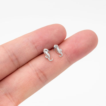 10pcs Gold/ Silver Sea Horse Earrings, 18K Real Gold/ Rhodium plated Brass, Cute Ocean Stud Earrings (GB-4460-D)