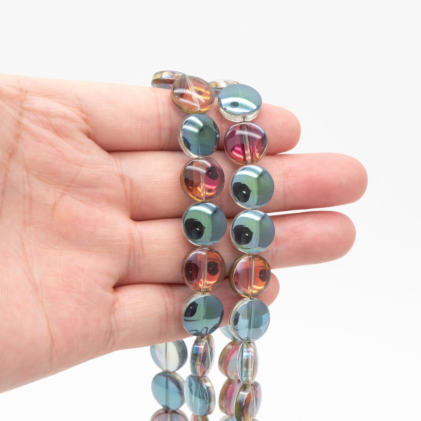 Smooth Coin Crystal Glass beads 8mm / 12mm, Sparkly Green Rose (#GM-014)/ Full strand