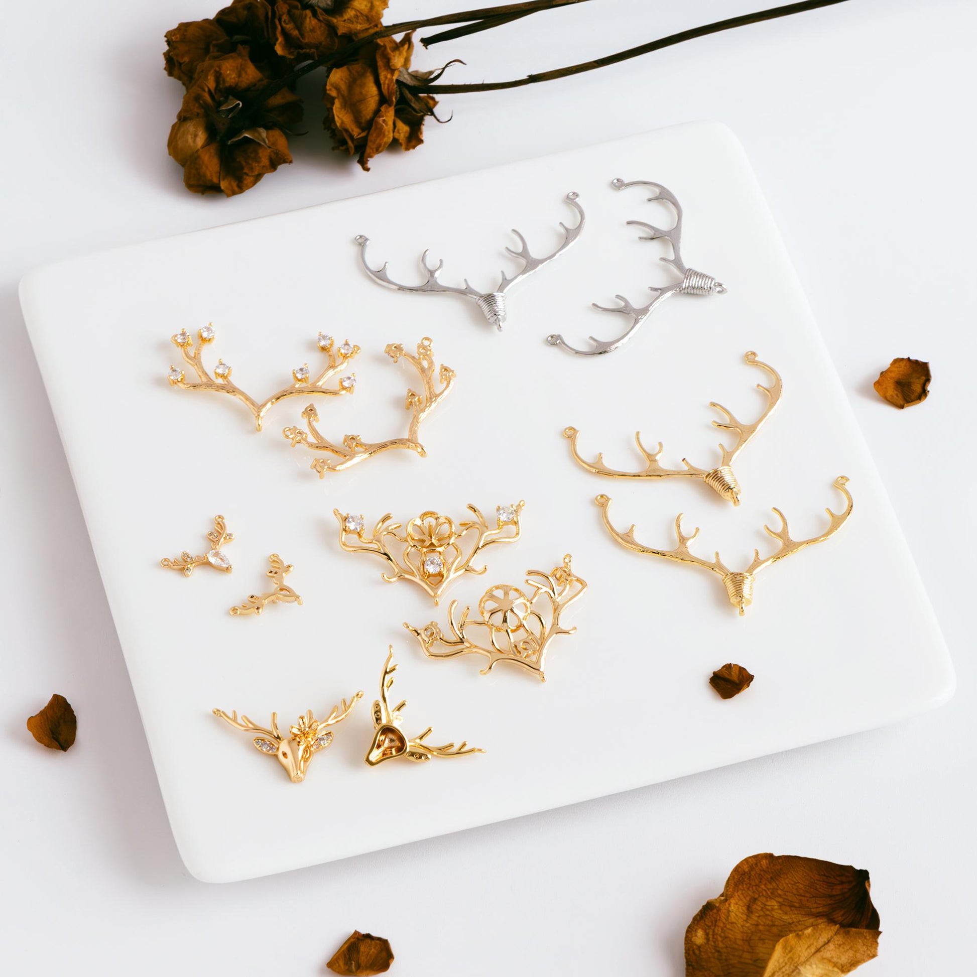 4pcs Gold/ Silver Tone Deer horn Connector, 18K Gold/ Rhodium plated Brass, Deer Horn Antlers Connector Charms (GB-427)