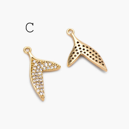 4pcs Gold Whale Tail Charms , Real Gold plated Brass, Mermaid Tail Pendants (GB-1156)