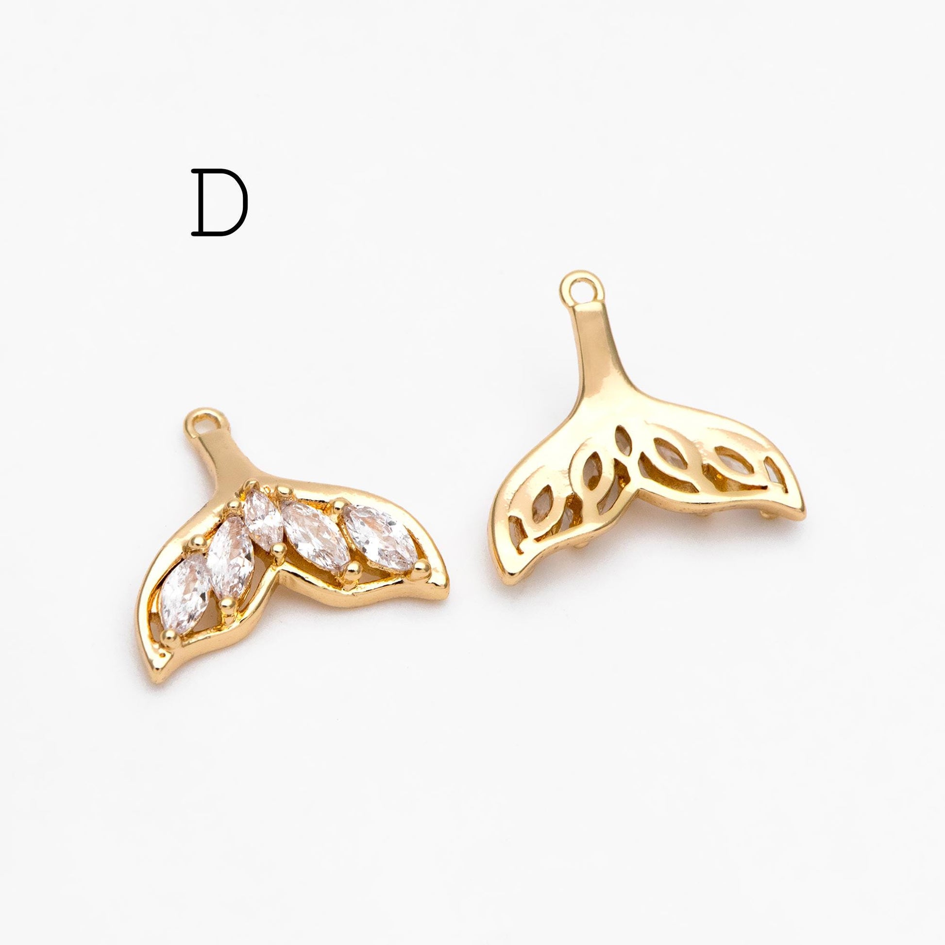 4pcs Gold Whale Tail Charms , Real Gold plated Brass, Mermaid Tail Pendants (GB-1156)