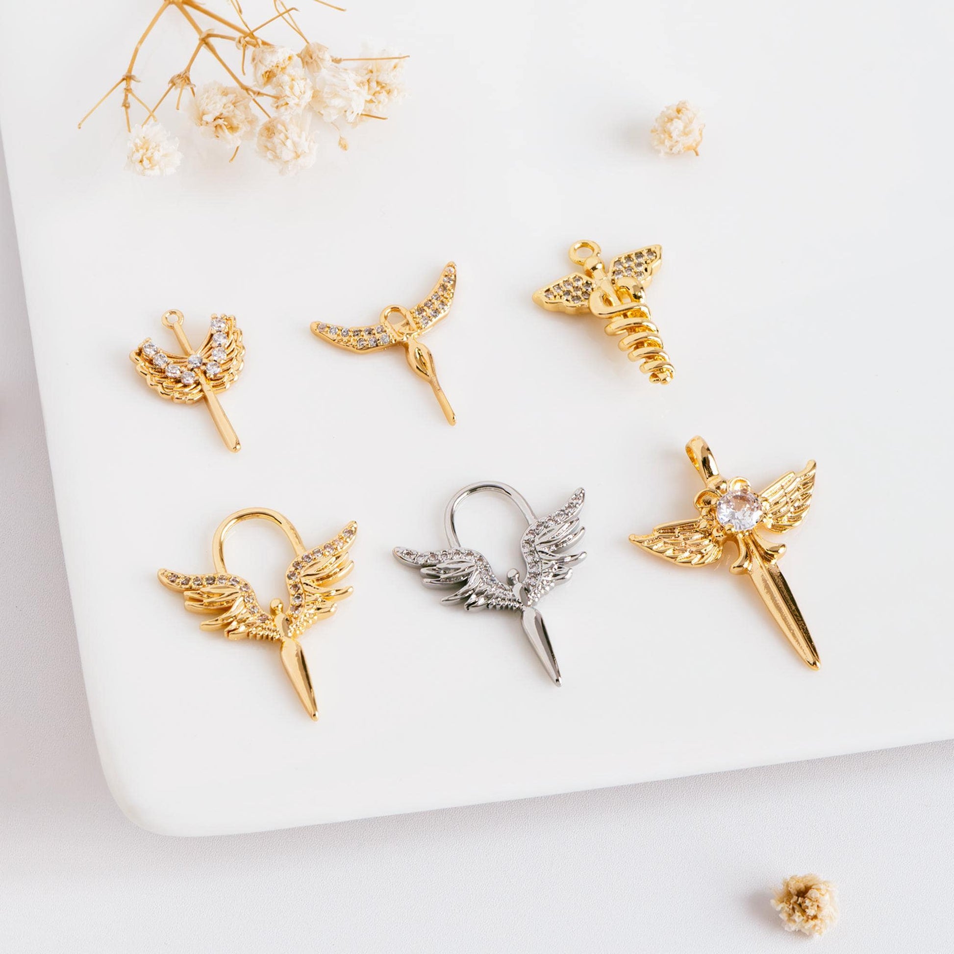 4pcs CZ Pave Gold/ Silver tone Angel Wing Charm, Wing Necklace Charm (GB-1810)