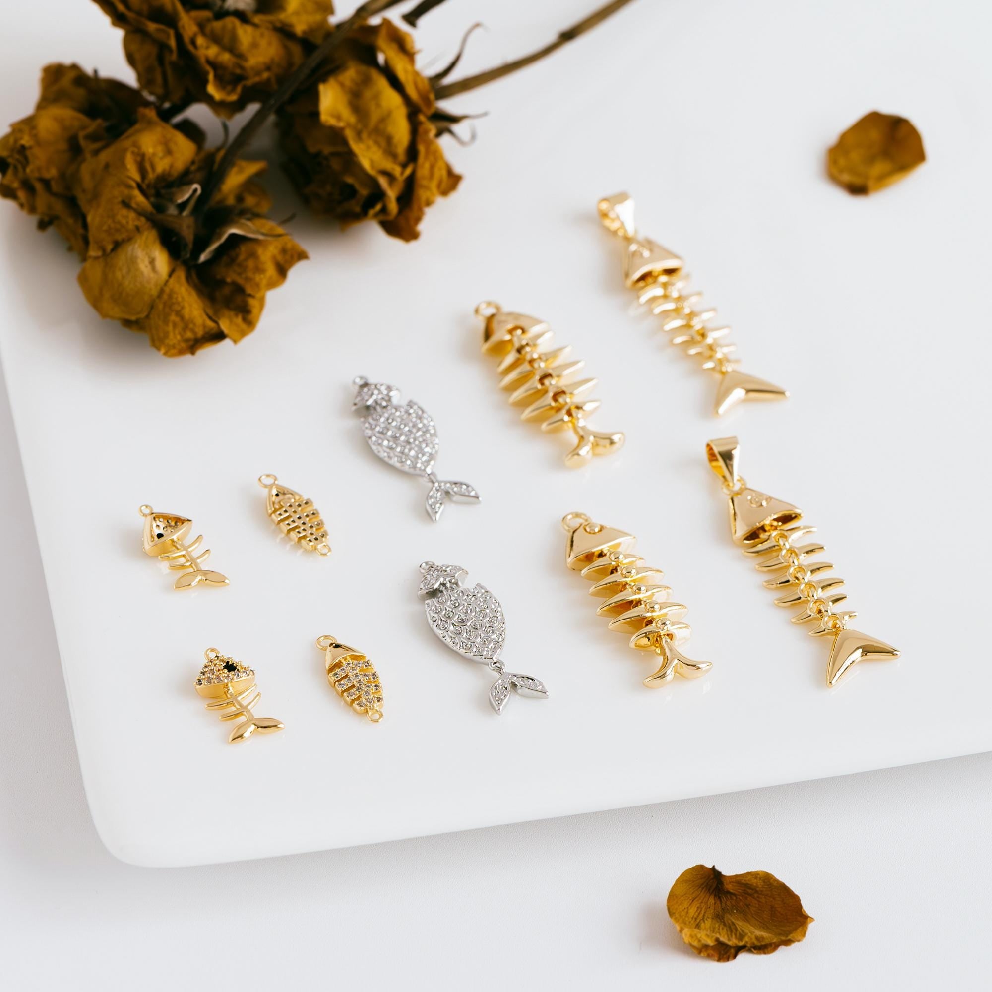 4pcs Gold/ Silver Tone Fishbone Charm, Gold/ Rhodium Plated Brass Fishbone Pendant, Skeleton Pendant (GB-2936)