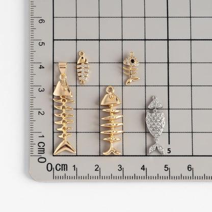 4pcs Gold/ Silver Tone Fishbone Charm, Gold/ Rhodium Plated Brass Fishbone Pendant, Skeleton Pendant (GB-2936)