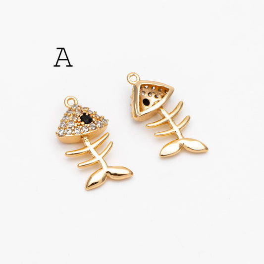 4pcs Gold/ Silver Tone Fishbone Charm, Gold/ Rhodium Plated Brass Fishbone Pendant, Skeleton Pendant (GB-2936)