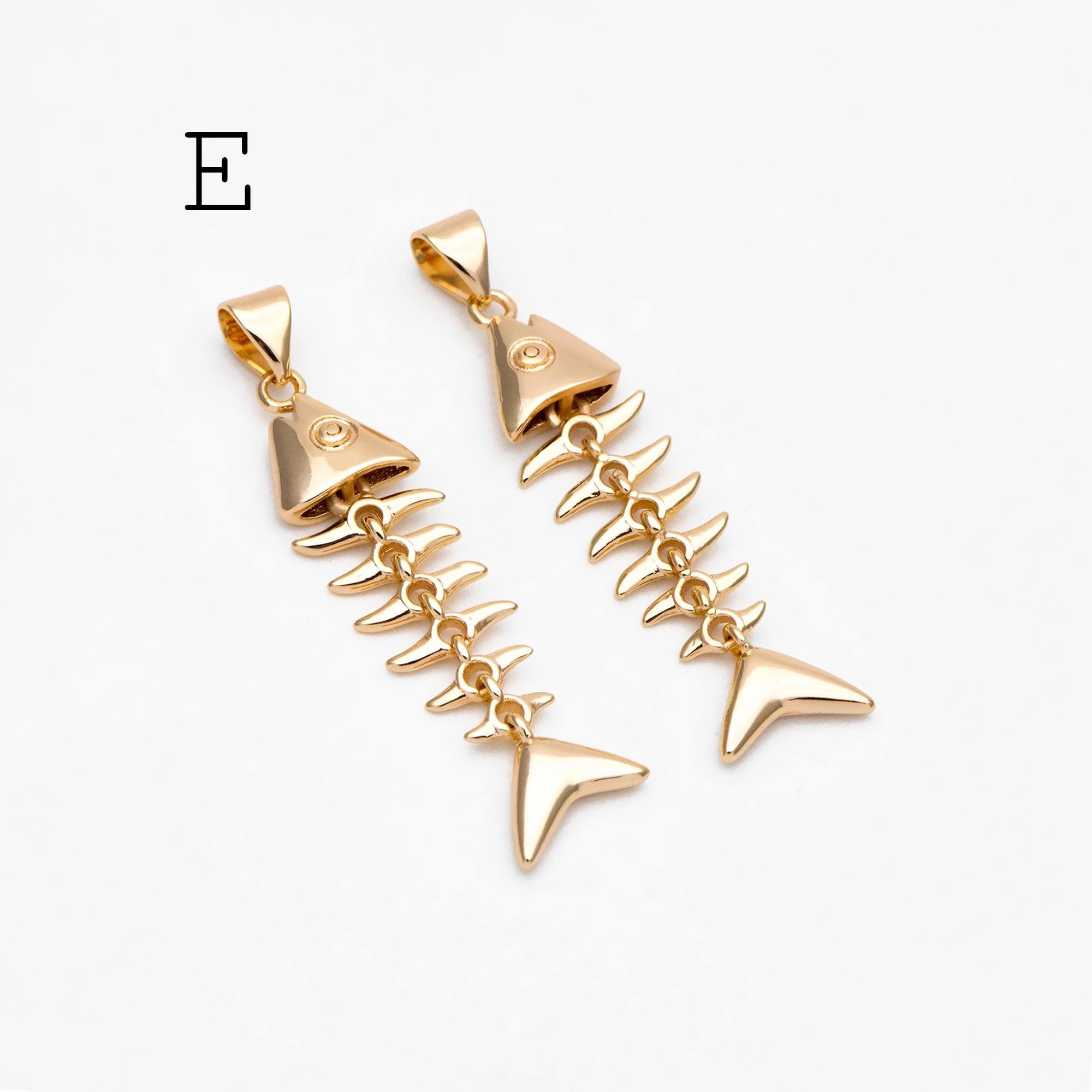 4pcs Gold/ Silver Tone Fishbone Charm, Gold/ Rhodium Plated Brass Fishbone Pendant, Skeleton Pendant (GB-2936)