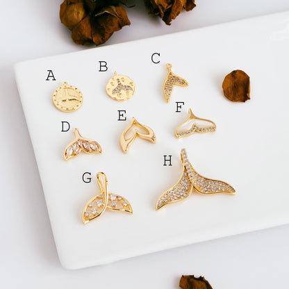 4pcs Gold Whale Tail Charms , Real Gold plated Brass, Mermaid Tail Pendants (GB-1156)