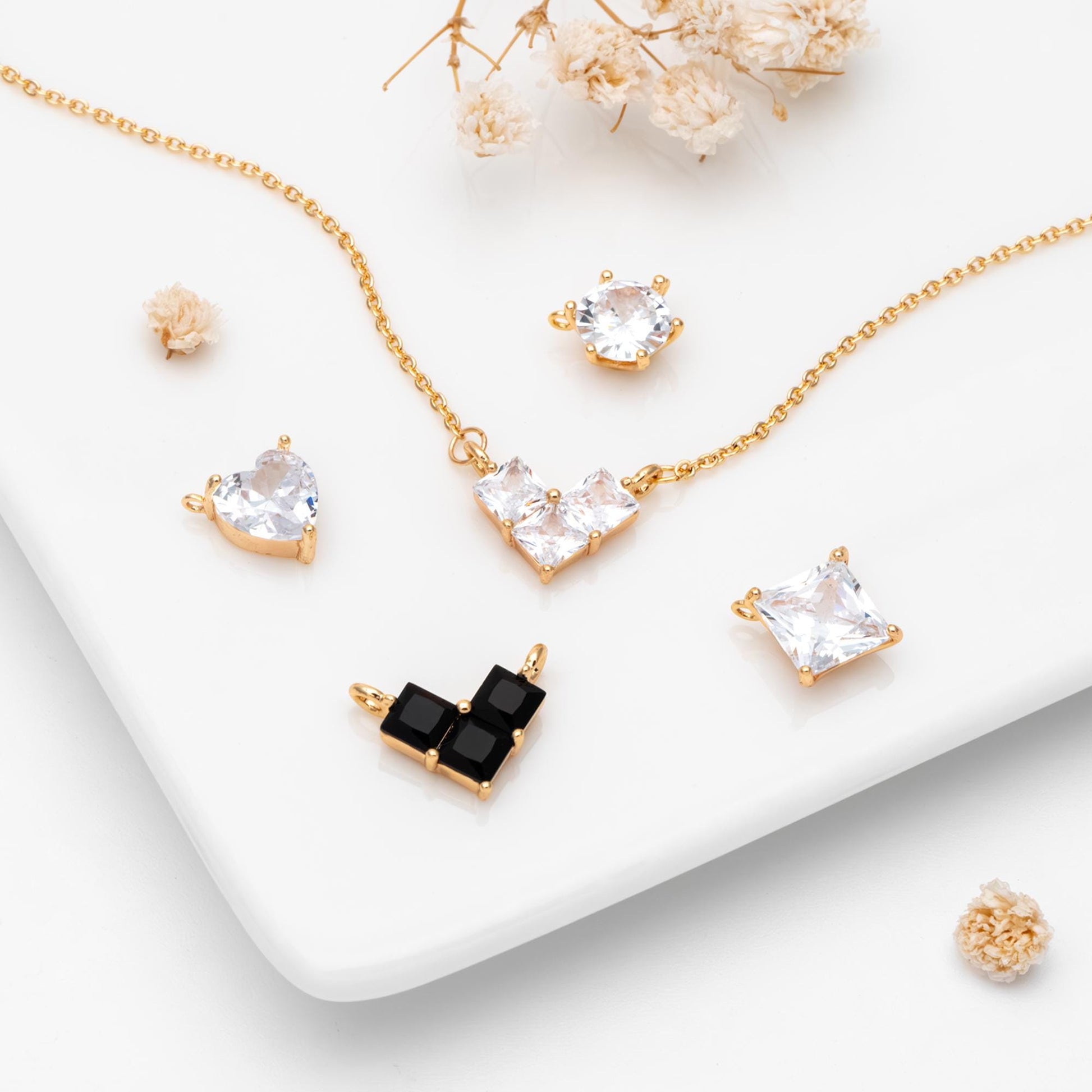 4pcs CZ Pave Gold Round/ Heart/ Rhombus Connectors, Gold Geometric Necklace Pendants (GB-215)