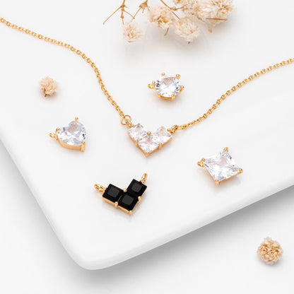 4pcs CZ Pave Gold Round/ Heart/ Rhombus Connectors, Gold Geometric Necklace Pendants (GB-215)