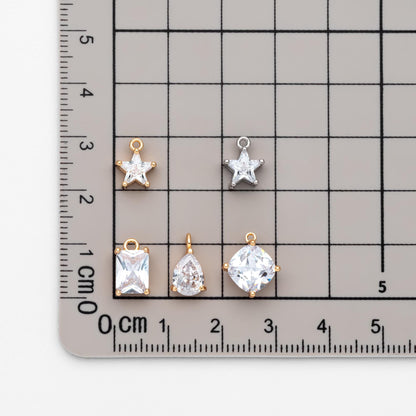 10pcs CZ pave Gold/ Silver Tone Star/ Teardrop/ Rectangle/ Rhombus Charms, Gold Plated Brass Geometric Pendants (GB-1151)