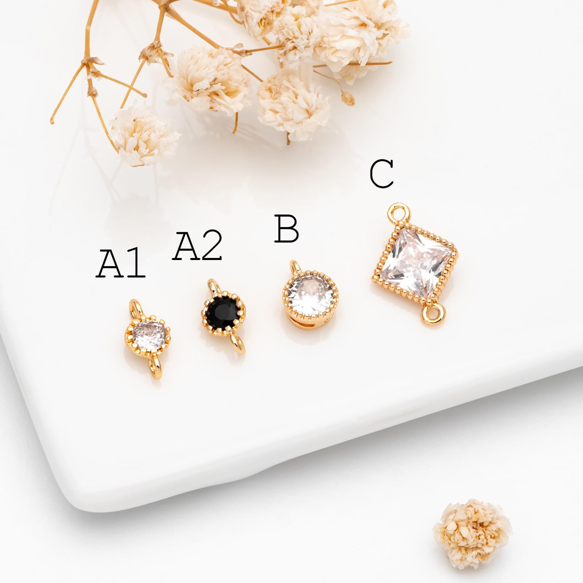 10pcs CZ pave Gold Round/ Rhombus Charms, 18K Gold plated Brass, Geometric Connectors (GB-2850)
