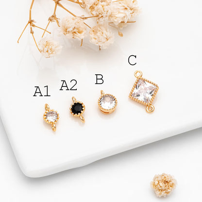 10pcs CZ pave Gold Round/ Rhombus Charms, 18K Gold plated Brass, Geometric Connectors (GB-2850)