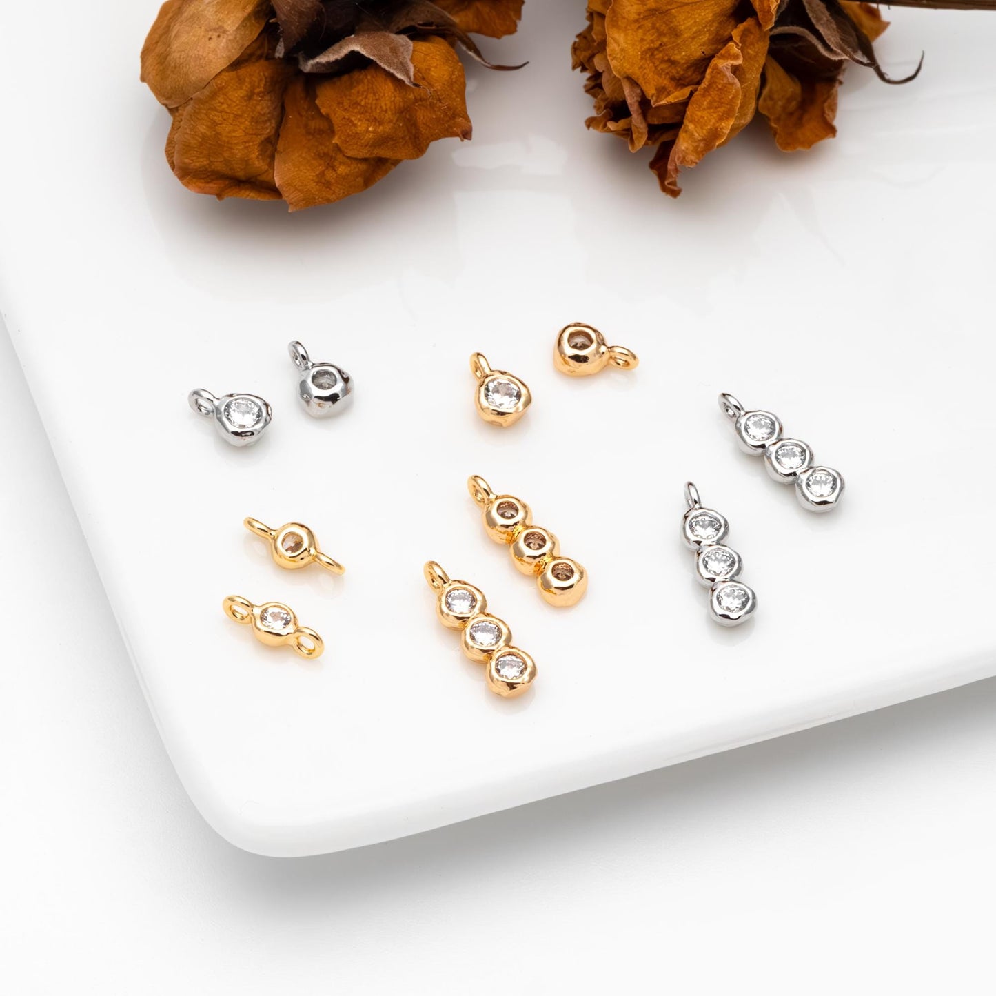 10pcs Gold/ Silver Tone Zircon Charms, Gold/ Rhodium plated Brass, White Stone Charm Connectors (GB-3897)