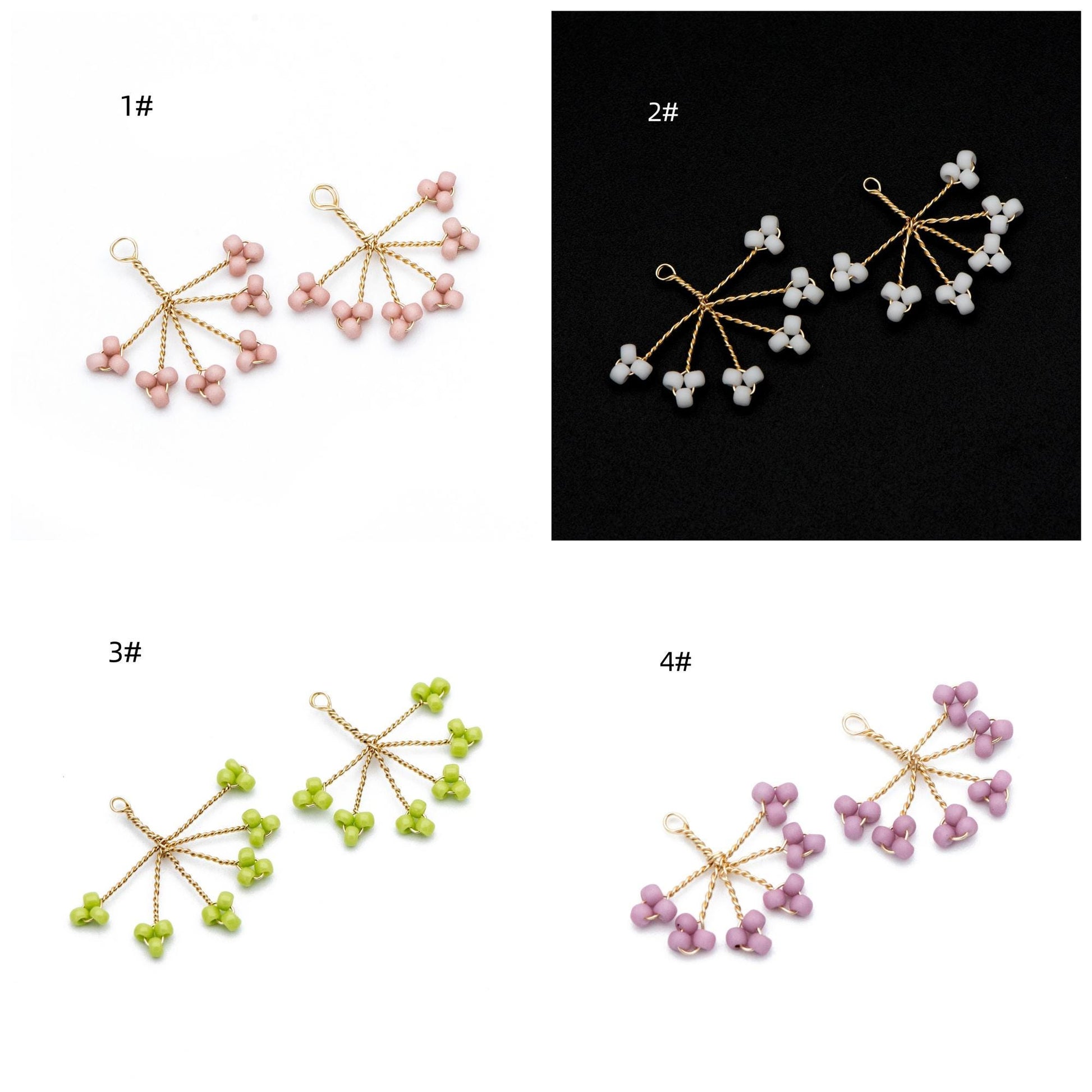 10pcs Handmade Beaded Flower Charms, Wired Branch Tassel Pendants 17x19mm, Glass Seed Beads (FB-055)