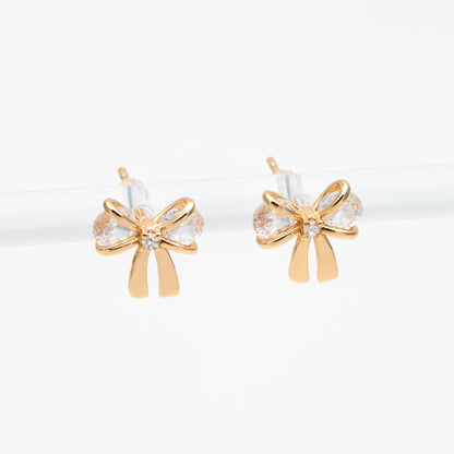 10pcs CZ Pave Gold/ Silver Bowknot Earrings, 18K Real Gold/ Rhodium plated Brass, Bow Knot Stud Earring (GB-139-F)