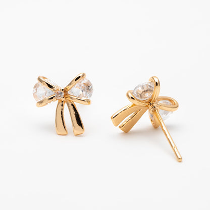 4pcs CZ Pave Gold/ Silver Bowknot Earrings, 18K Real Gold/ Rhodium plated Brass, Bow Knot Stud Earring (GB-139-F)