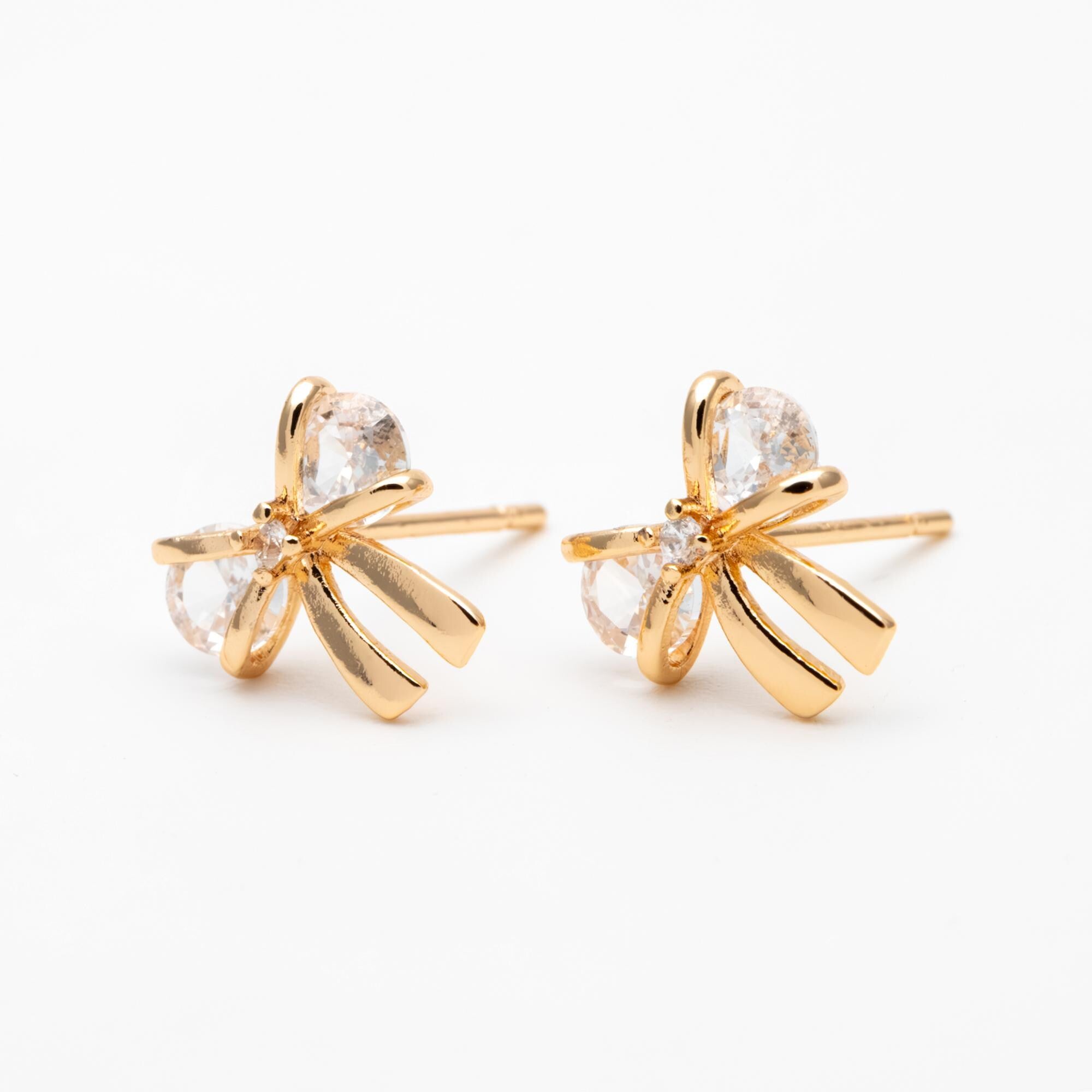 4pcs CZ Pave Gold/ Silver Bowknot Earrings, 18K Real Gold/ Rhodium plated Brass, Bow Knot Stud Earring (GB-139-F)