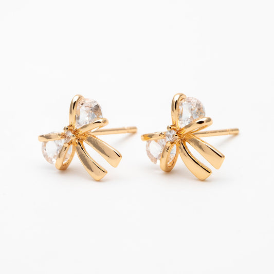 10pcs CZ Pave Gold/ Silver Bowknot Earrings, 18K Real Gold/ Rhodium plated Brass, Bow Knot Stud Earring (GB-139-F)