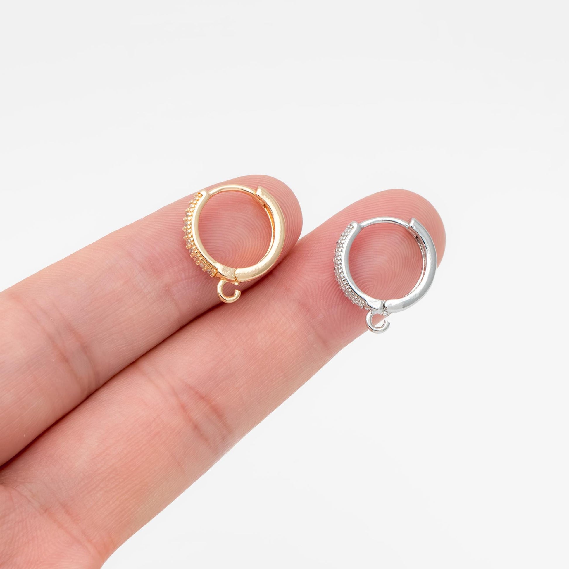 4pcs CZ Pave Hoop Earrings, Round Leverback Ear Hooks, 18K Gold/ Rhodium plated Brass, Earring Component Findings (GB-3217)