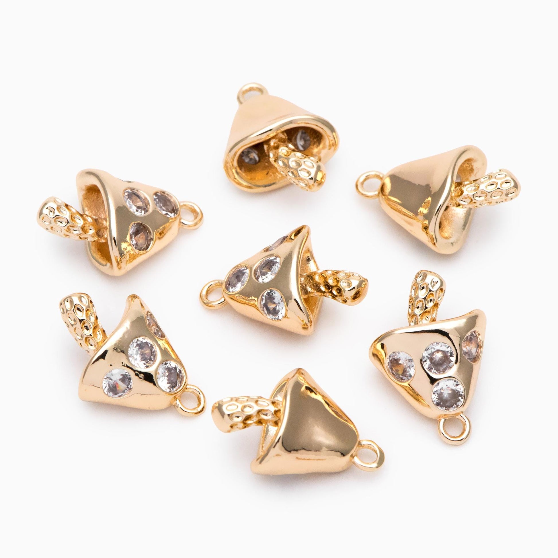 4pcs Gold CZ Pave Mushroom Charm 18x12mm, Real Gold plated Brass Mushroom Pendants (GB-2990)