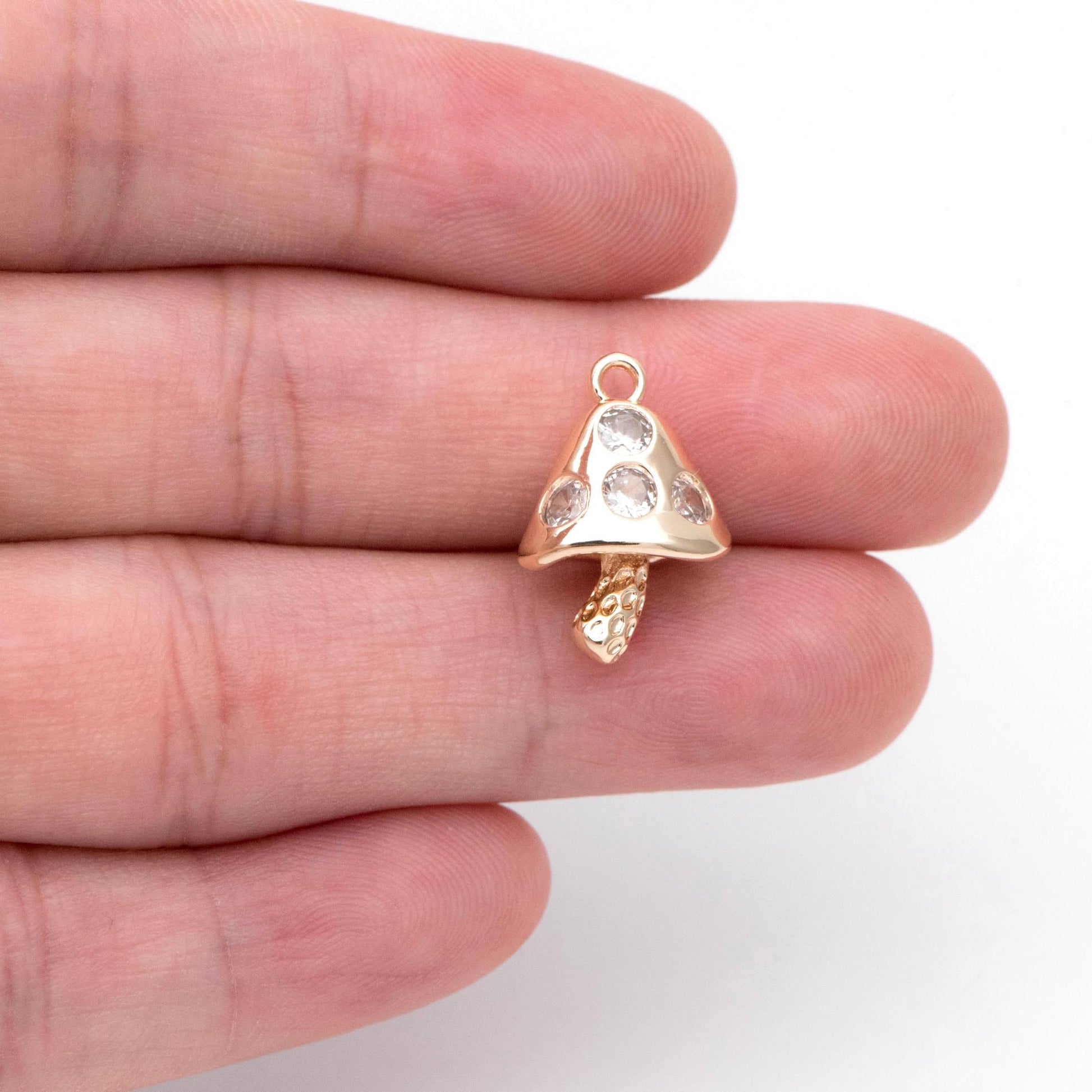 4pcs Gold CZ Pave Mushroom Charm 18x12mm, Real Gold plated Brass Mushroom Pendants (GB-2990)