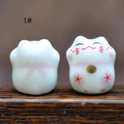 10 beads- Porcelain Lucky Cat beads 15mm, Ceramic Maneki Neko, Drilled with hole, (TC-149)