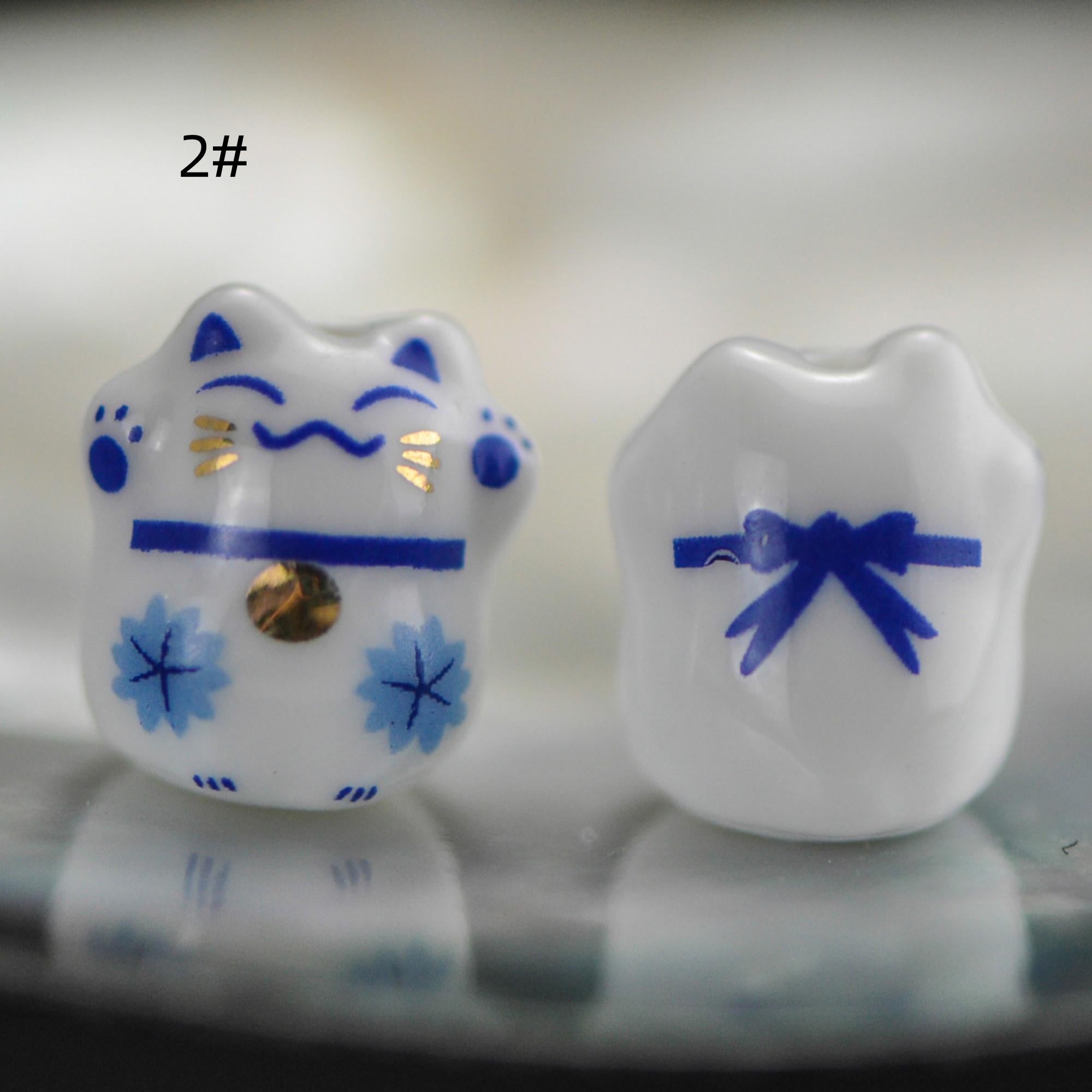 10 beads- Porcelain Lucky Cat beads 15mm, Ceramic Maneki Neko, Drilled with hole, (TC-149)