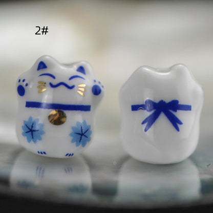 10 beads- Porcelain Lucky Cat beads 15mm, Ceramic Maneki Neko, Drilled with hole, (TC-149)
