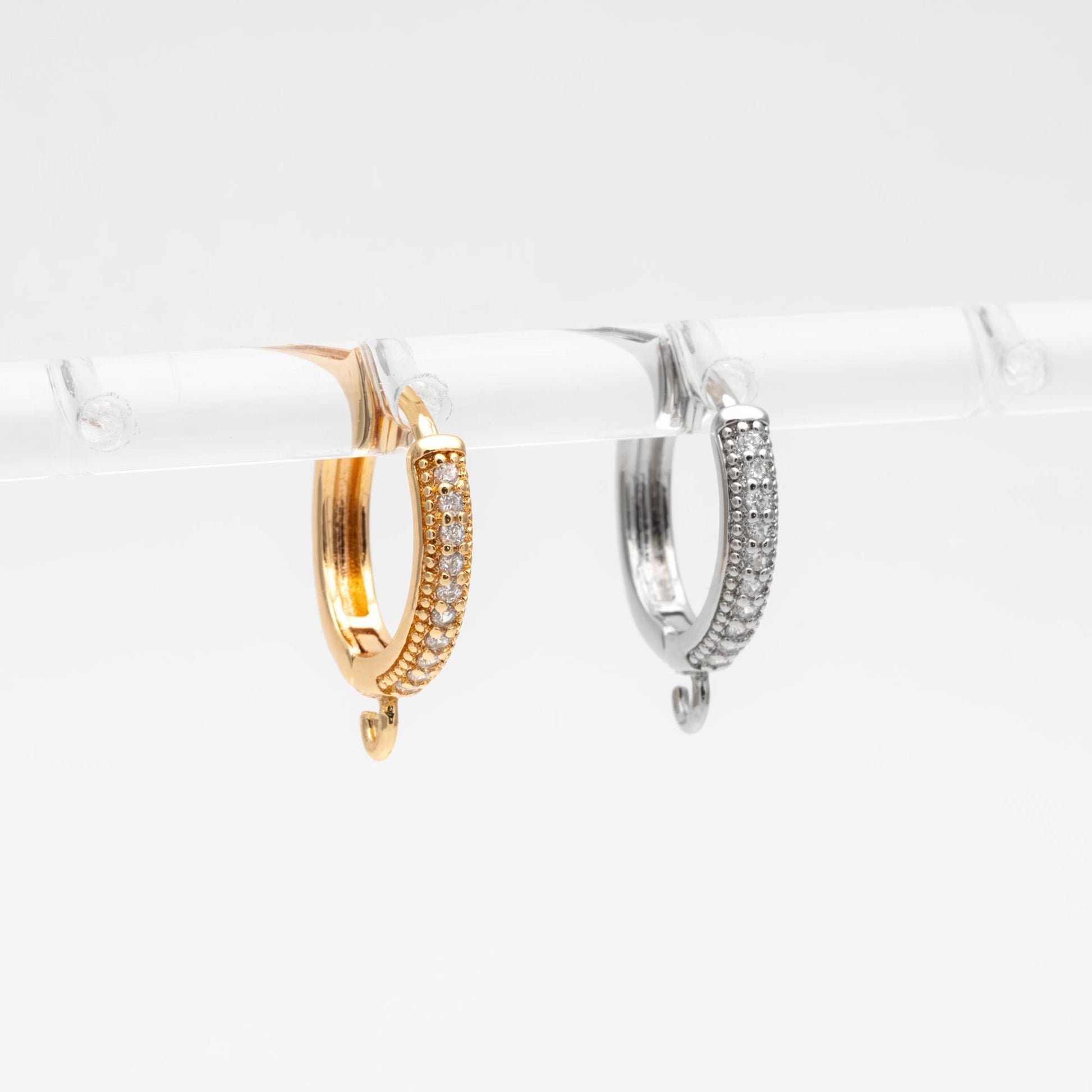 4pcs CZ Pave Hoop Earrings, Round Leverback Ear Hooks, 18K Gold/ Rhodium plated Brass, Earring Component Findings (GB-3217)