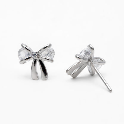 10pcs CZ Pave Gold/ Silver Bowknot Earrings, 18K Real Gold/ Rhodium plated Brass, Bow Knot Stud Earring (GB-139-F)